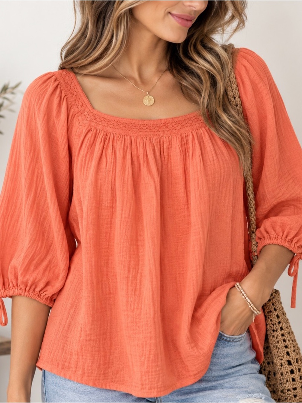 LC Lauren Conrad 100% Cotton Gauze Peasant Blouse Orange Boho NWT S